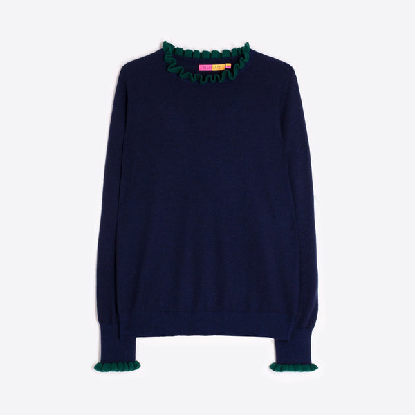 VILAGALLO Frill Detail Jumper in Navy/Green