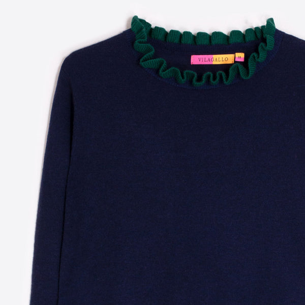 VILAGALLO Frill Detail Jumper in Navy/Green