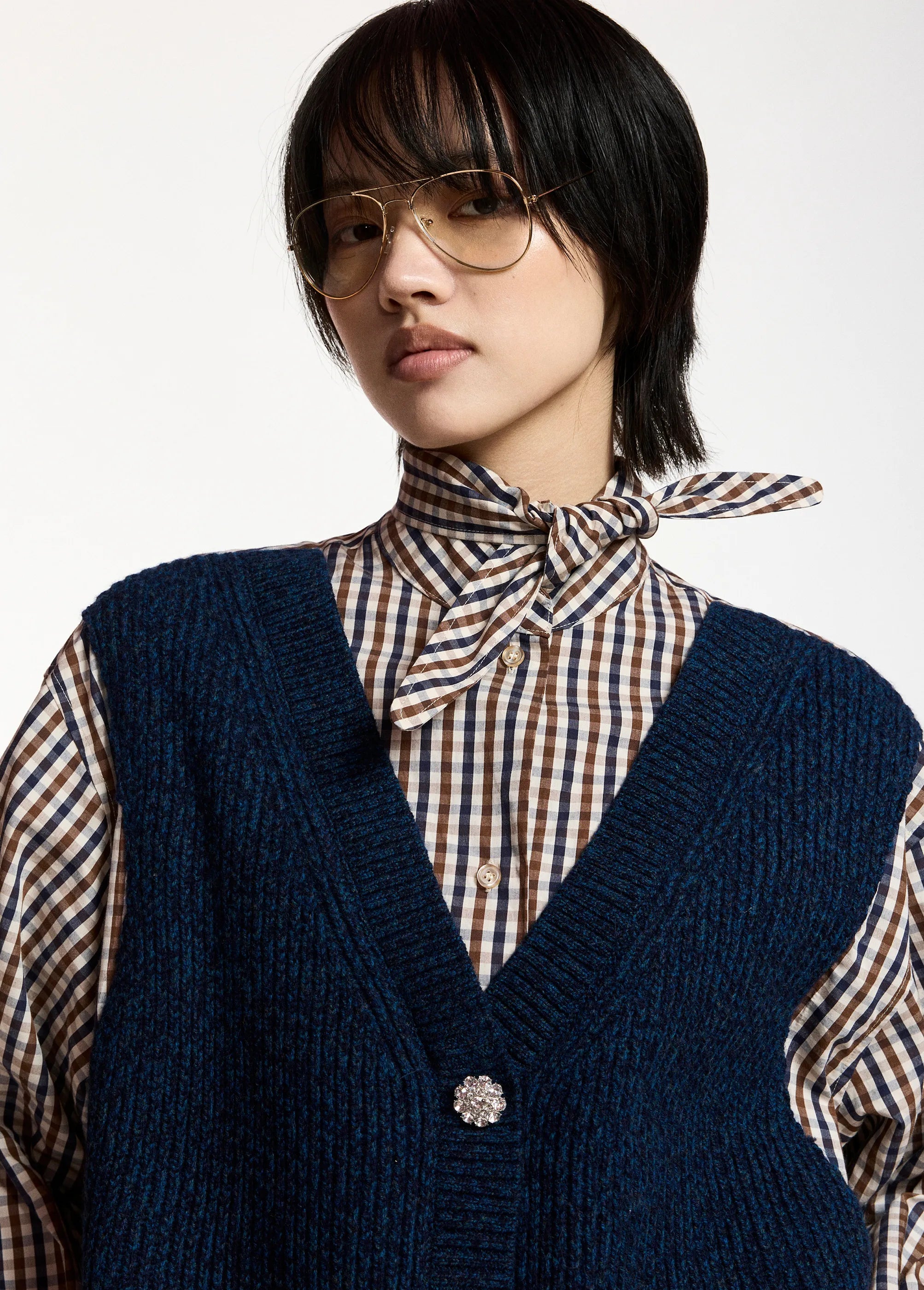 ESSENTIEL ANTWERP Kute Layered Knitted Vest Shirt in Blue/Brown/White
