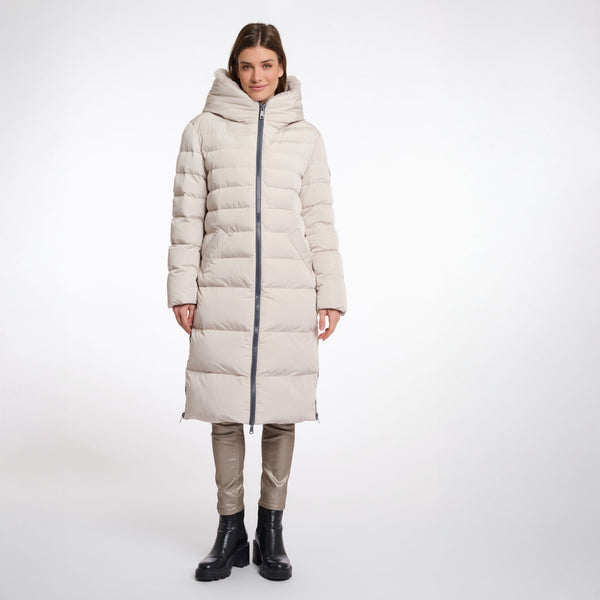 RINO & PELLE Keilafur Long Padded Hooded Coat with Faux Fur in Stone