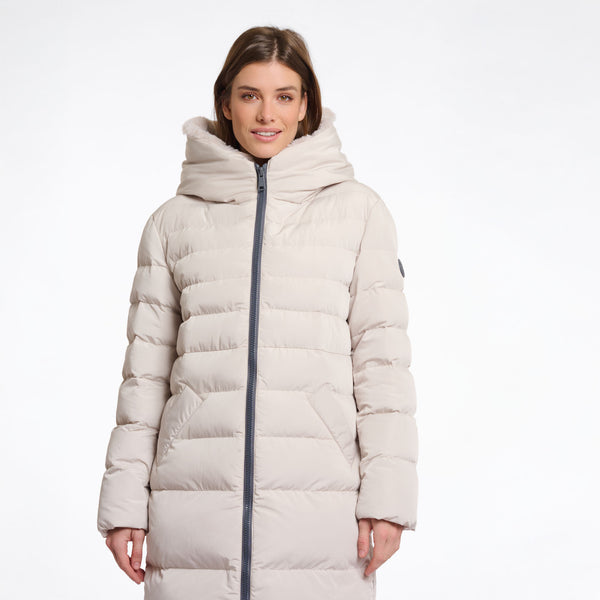 RINO & PELLE Keilafur Long Padded Hooded Coat with Faux Fur in Stone