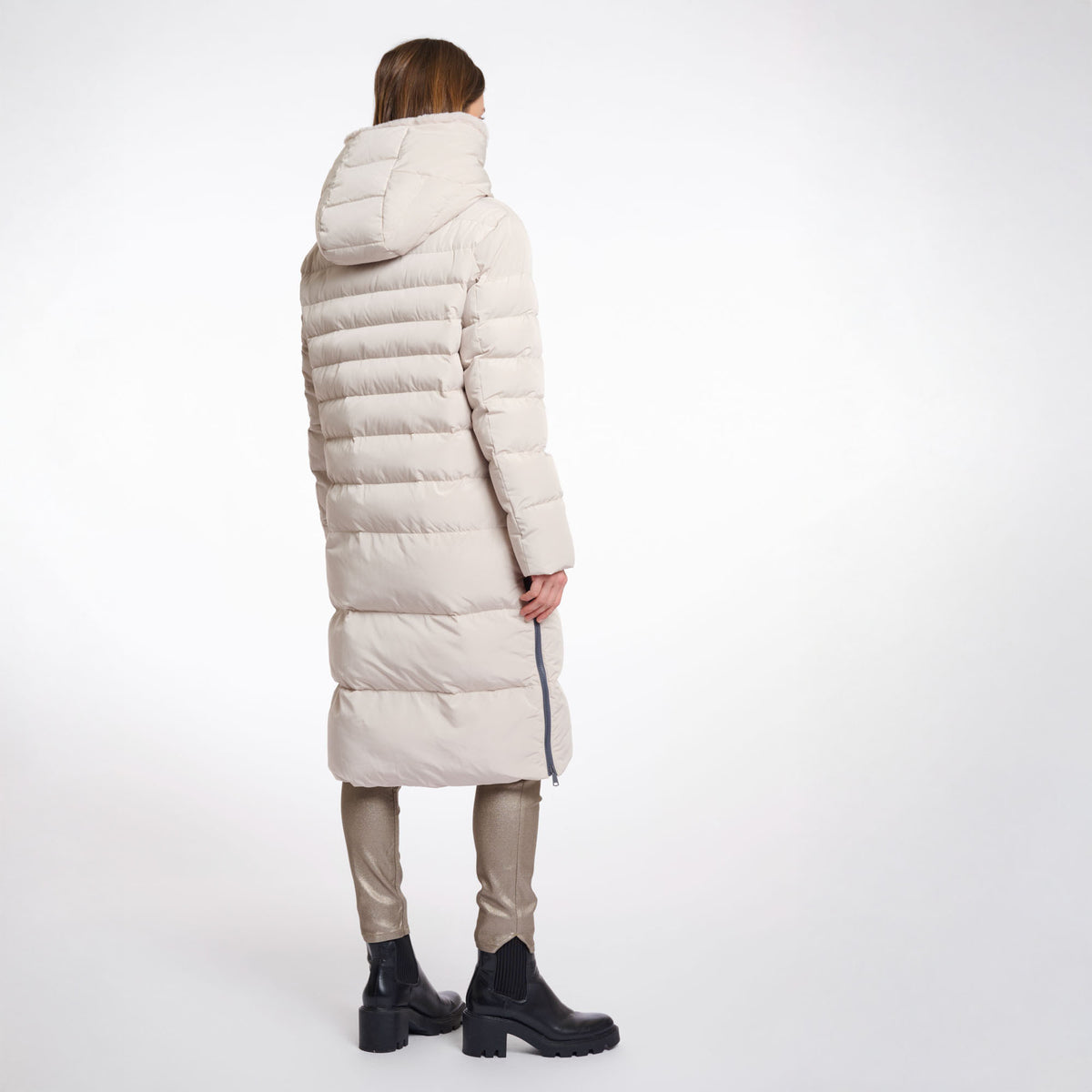 RINO & PELLE Keilafur Long Padded Hooded Coat with Faux Fur in Stone