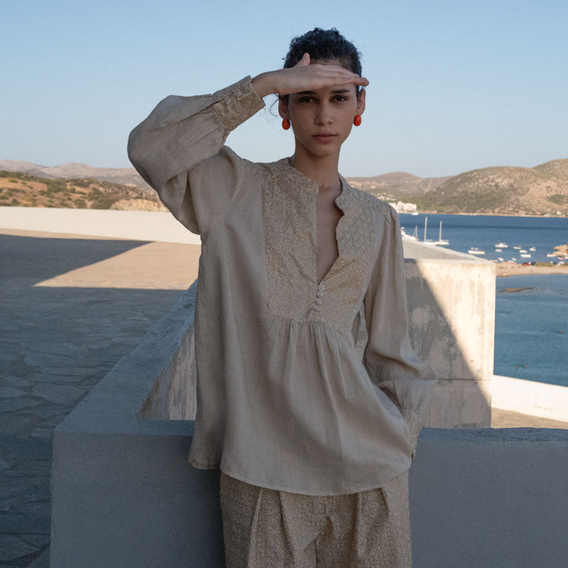 GREEK ARCHAIC KORI Cross Top in Beige/Gold