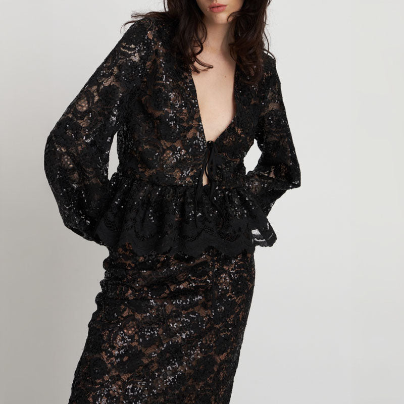 STELLA NOVA Lace Sequins Blouse in Black