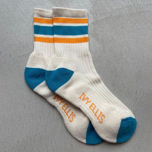 Ladies Merino Vintage Cotton Sport Socks in Ecru/Blue/Orange