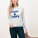 JUMPER 1234 Fish and Chips Crew Neck Cashmere Jumper in Pale Blue/Cloud Dancer/Midnight Blue