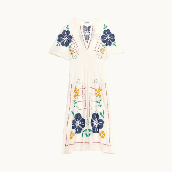 M.A.B.E Laney Embroidered Dress in Ecru/Multi