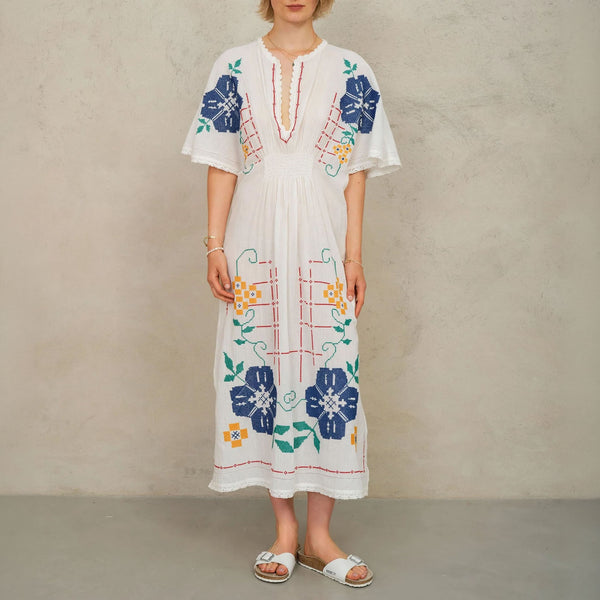 M.A.B.E Laney Embroidered Dress in Ecru/Multi