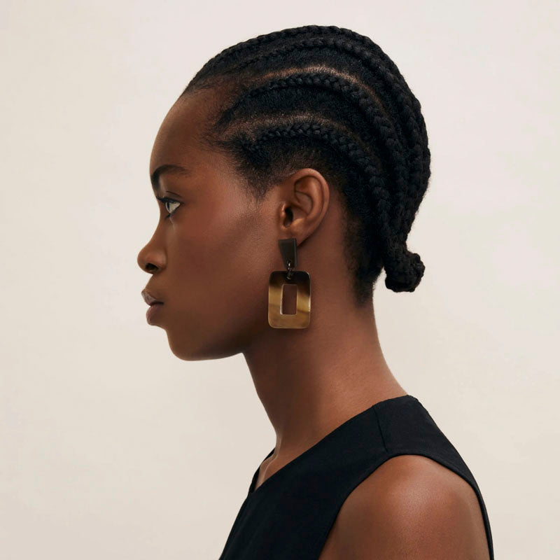 BRANCH JEWELLERY Large Rectangular Horn Earrings in Brown Natural