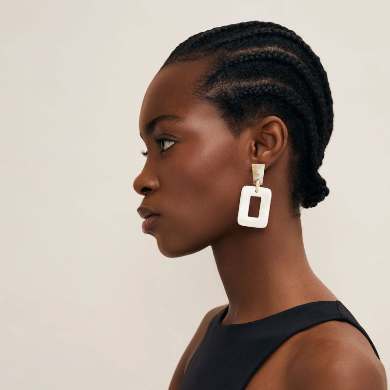 BRANCH JEWELLERY Horn Rectangle Drop Earrings in White/Natural