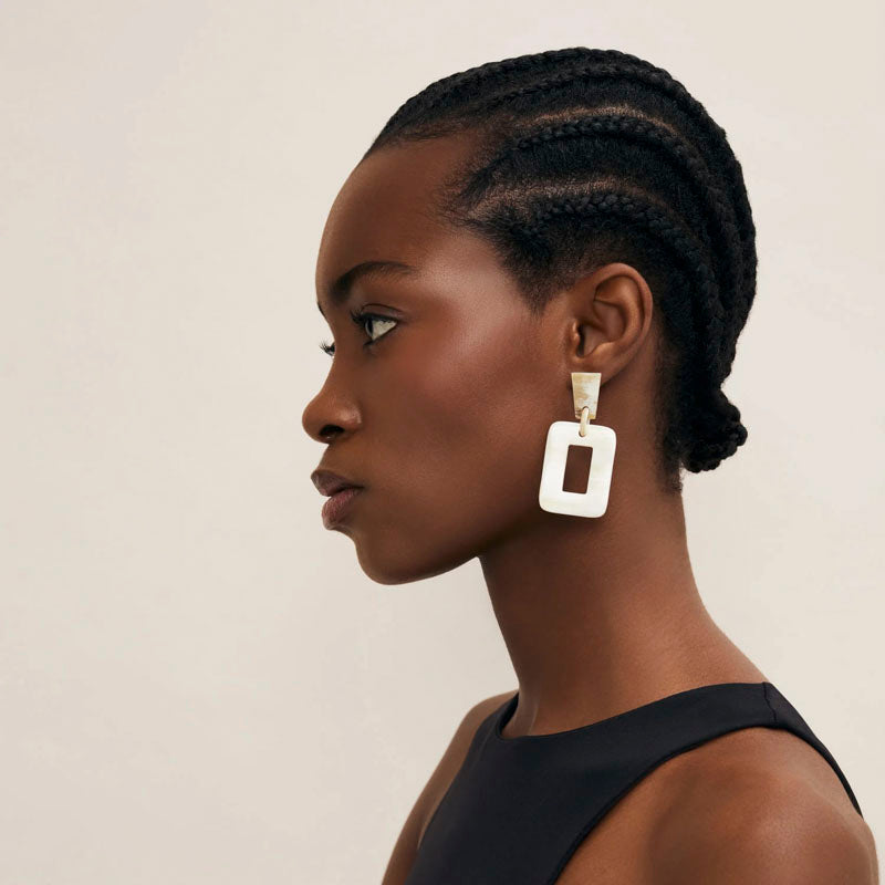 BRANCH JEWELLERY Large Rectangular Horn Earrings in White Natural