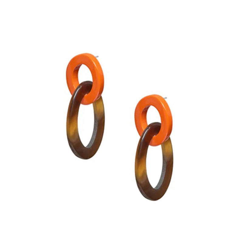 BRANCH JEWELLERY Orange Lacquered and Brown Natural Horn Small Oval Link Earrings