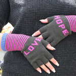 QUINTON & CHADWICK Love Hope Fingerless Gloves in Khaki/Fluo Pink