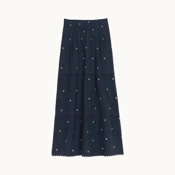 M.A.B.E Lucca Embroidered Maxi Skirt in Indigo