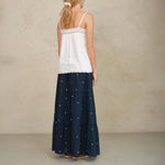 M.A.B.E Lucca Embroidered Maxi Skirt in Indigo