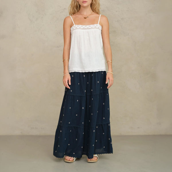 M.A.B.E Lucca Embroidered Maxi Skirt in Indigo