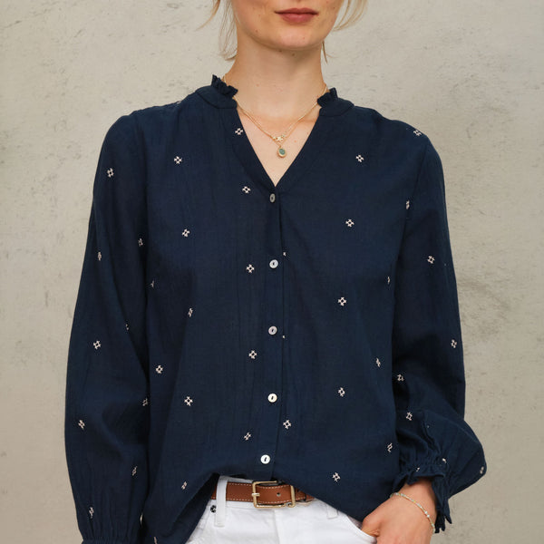 M.A.B.E Lucca Embroidered Longsleeve Top in Indigo