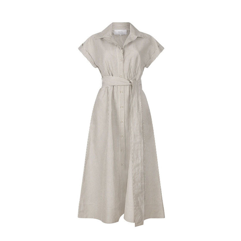 MONDO CORSINI Lucy Linen Weave Shirt Dress with Wide Lapel in Moss/White