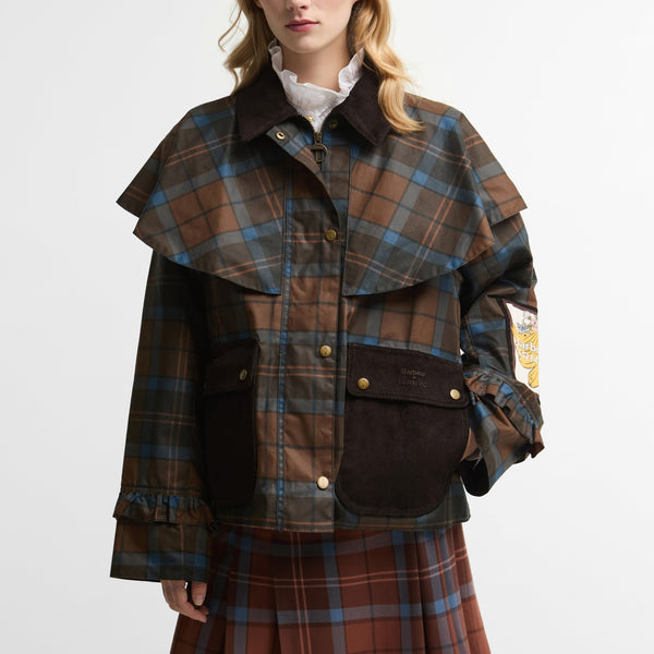 BARBOUR x Farm Rio Angelina Wax Jacket in Tropical Tea Tartan/Banana Print