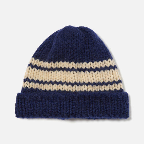 UNIVERSAL WORKS Lenny Hat Chunky Knit Stripe in Navy