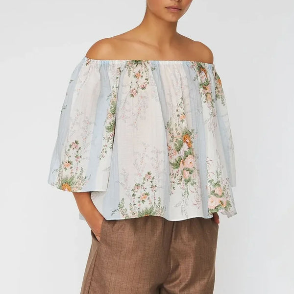 STELLA NOVA Loose Blouse with Drop Shoulders in Creme Multicolour Flowers