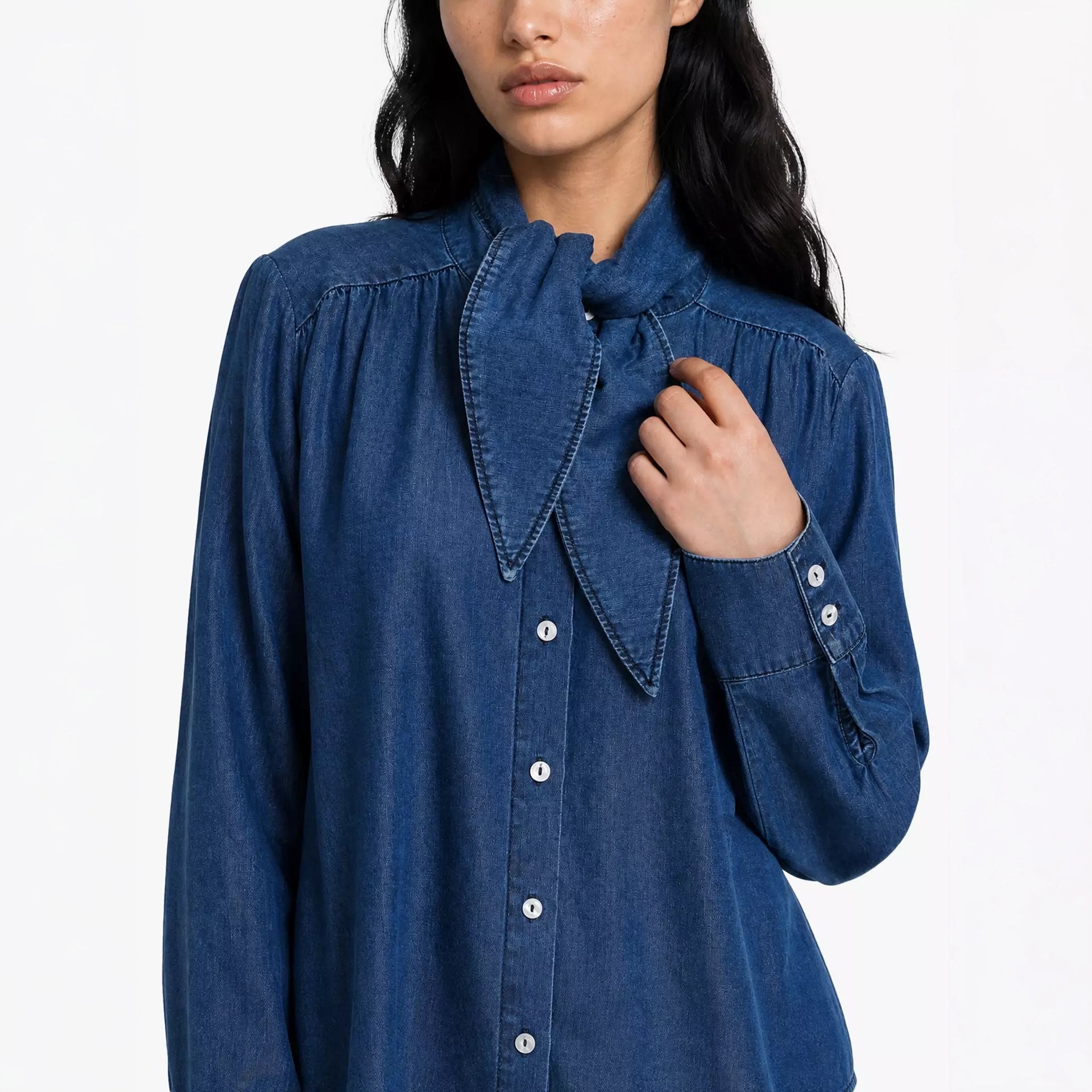 SMITH & SOUL Lyocell Denim Blouse with Scarf Collar in Denim