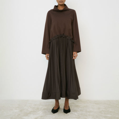 MEI MEIJ Pleated Dress with Overlay Top in Chocolate