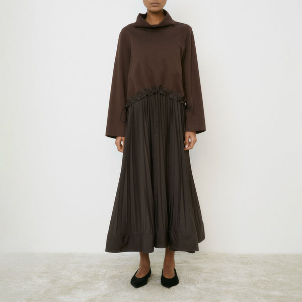 MEI MEIJ Pleated Dress with Overlay Top in Chocolate