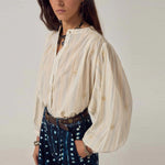MAISON HOTEL Caroline Blouse with Lurex Stripes in Off White