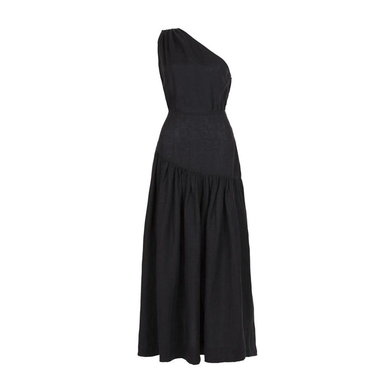 MONDO CORSINI Mariam Linen Dress with Asymmetric Neckline in Caviar