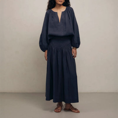 MONDO CORSINI Maud Linen Skirt with Flat Waist Panel and Side Zip in Midnight