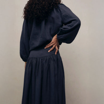 MONDO CORSINI Maud Linen Skirt with Flat Waist Panel and Side Zip in Midnight