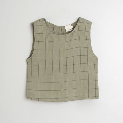 INDI & COLD Linen Square Check Top in Pale Khaki