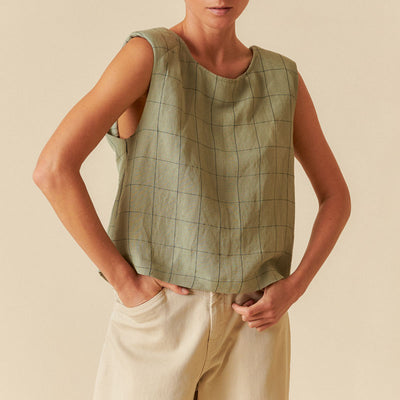 INDI & COLD Linen Square Check Top in Pale Khaki