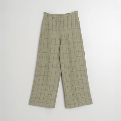 INDI & COLD Linen Square Check Trousers in Pale Khaki