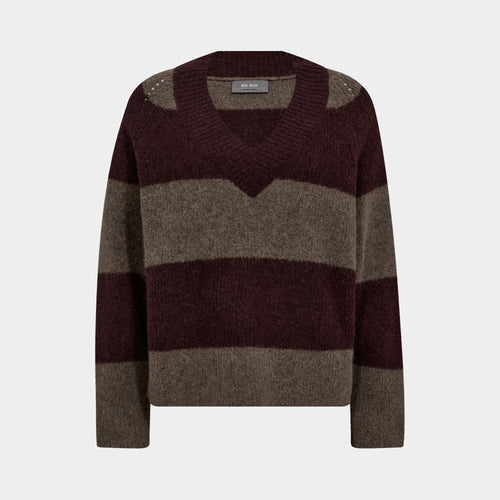 MOS MOSH MMTaci Stripe LS V-Neck Knit in Fudge