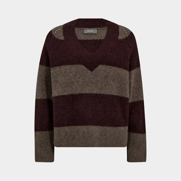 MOS MOSH MMTaci Stripe LS V-Neck Knit in Fudge
