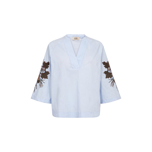 MOS MOSH MMAleysa Popli V-Neck Embroidered Sleeve Blouse  in Skyway