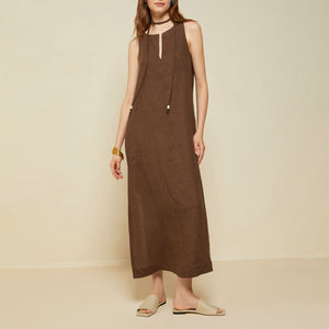 Long Linen Dress with Belt in Dark Chocolate