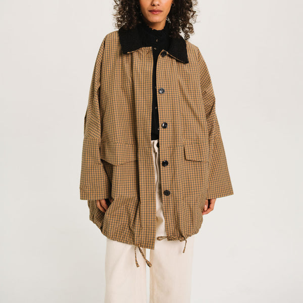 SACRECOEUR Mahot Scottish Check Boucle Collar Parka in Multi