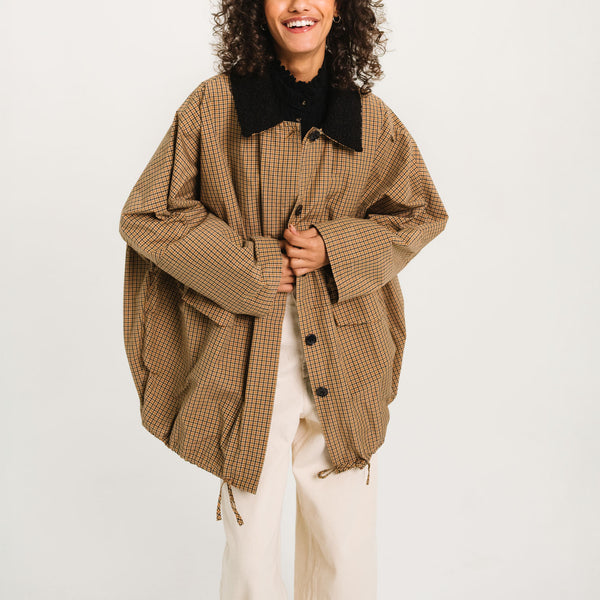 SACRECOEUR Mahot Scottish Check Boucle Collar Parka in Multi
