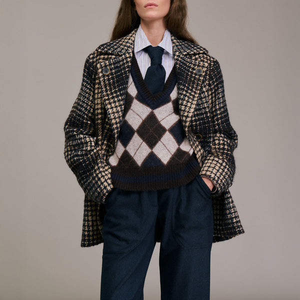 DIEGA Maliro Check Wool Coat  in Chocolate/Marine/Ecru