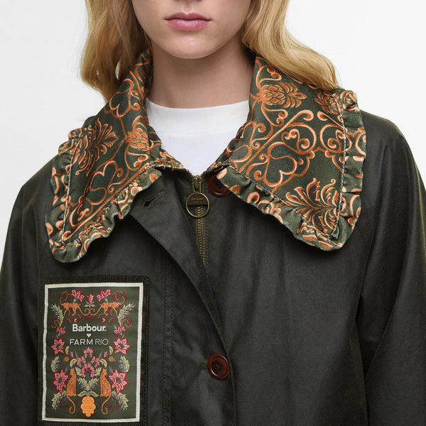 BARBOUR Barbour X Farm Rio Maria Clara Wax Jacket in Fern/Green Heart Print