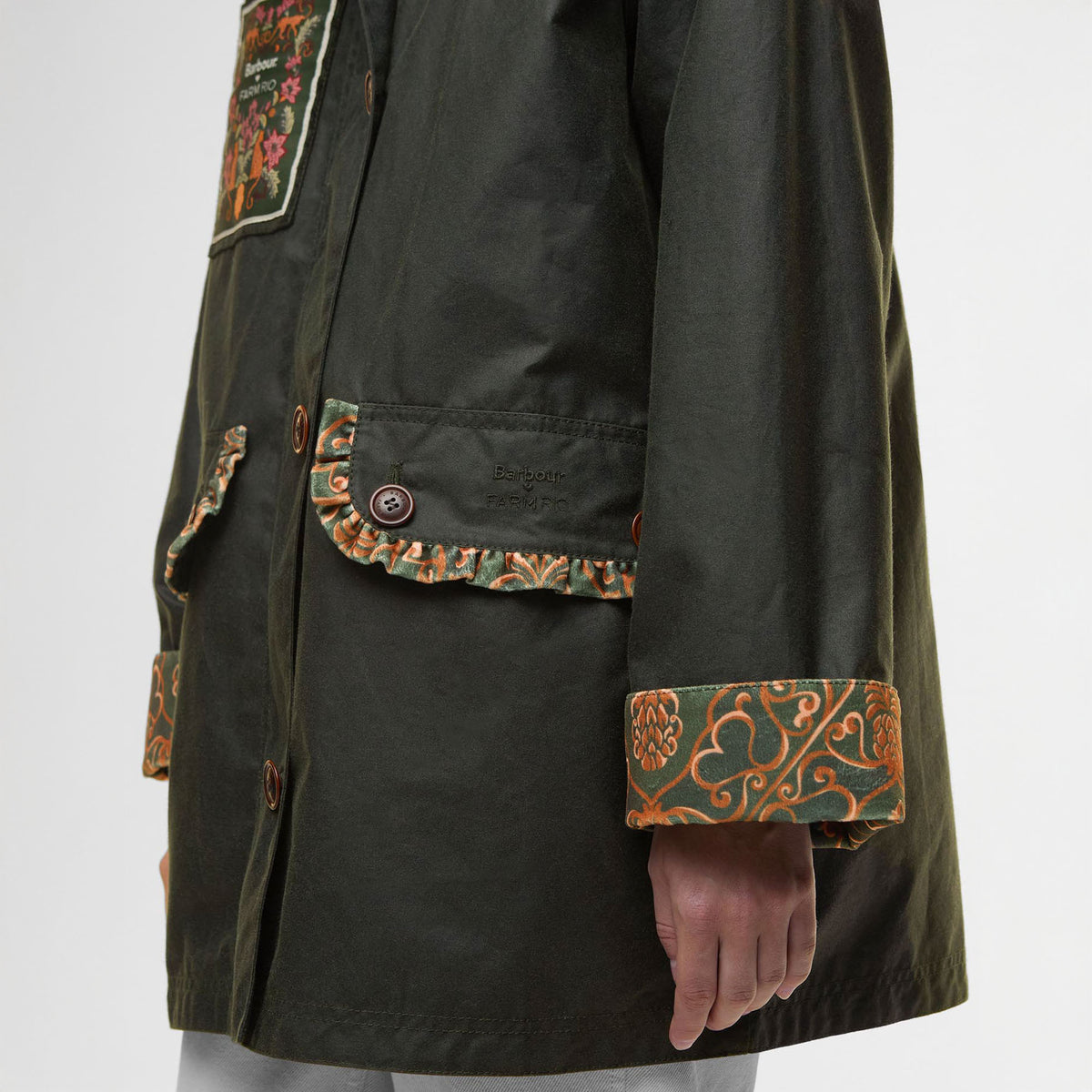 BARBOUR Barbour X Farm Rio Maria Clara Wax Jacket in Fern/Green Heart Print