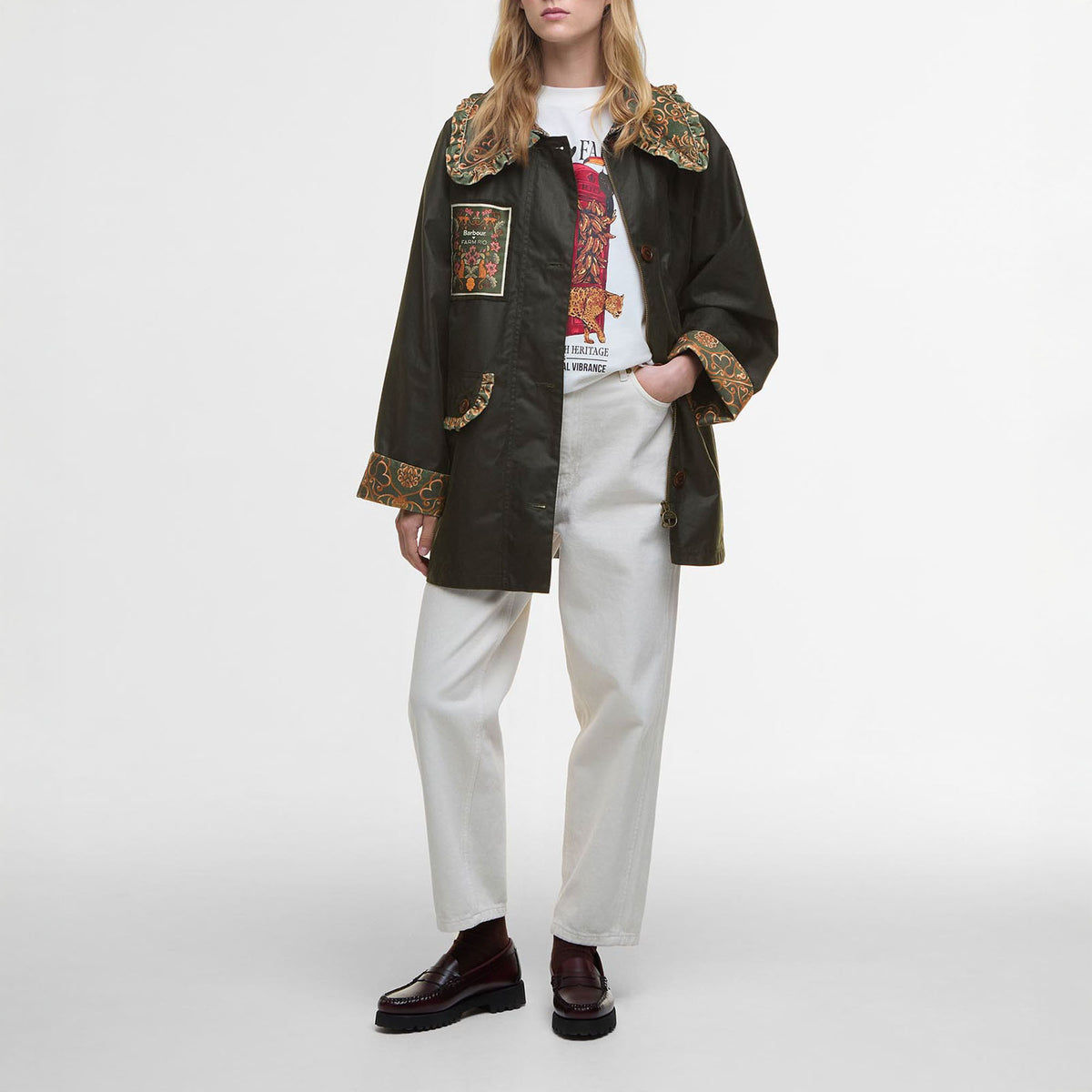 BARBOUR Barbour X Farm Rio Maria Clara Wax Jacket in Fern/Green Heart Print