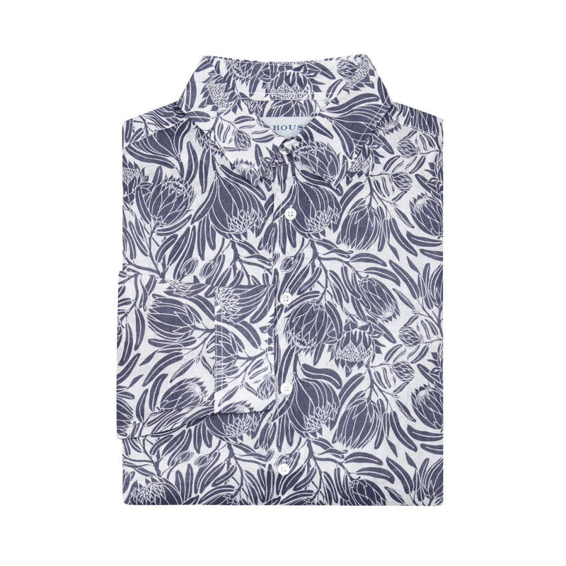 PINK HOUSE MUSTIQUE 100% Linen Protea Shirt in Aubergine