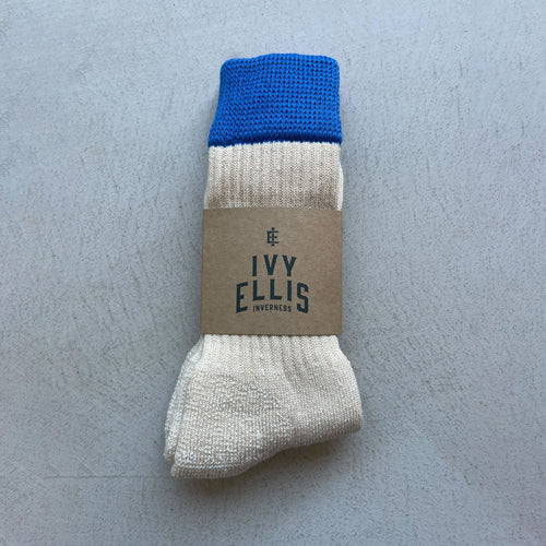 IVY ELLIS The Meyer Men’s Crew Length Socks in Blue & Vintage Cream