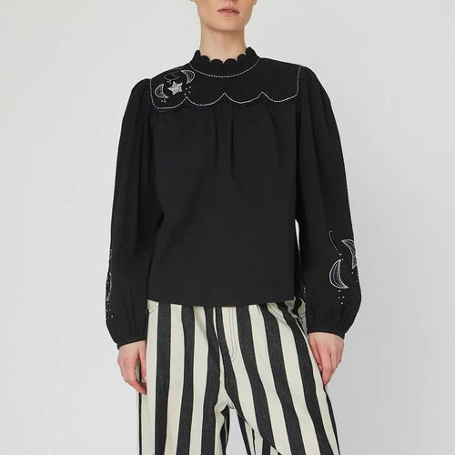 STELLA NOVA Moon and Star Embroidered Blouse in Black