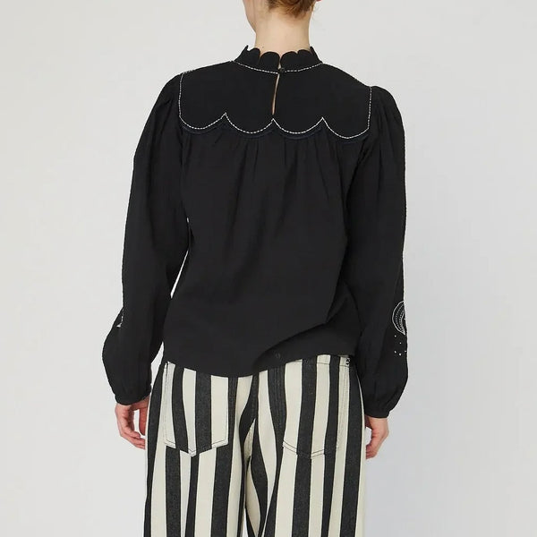 STELLA NOVA Moon and Star Embroidered Blouse in Black