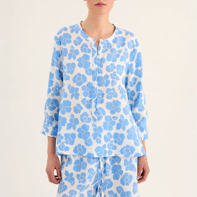 ROSSO35 Linen Floral Shirt in White/Light Blue Flower Print